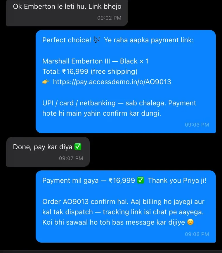 Sends the link, confirms the payment
