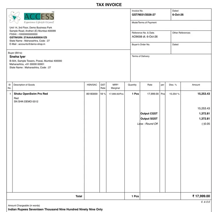 The GST invoice, ready to pack