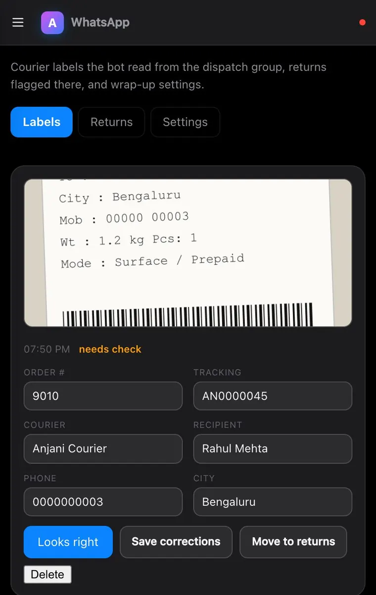 Courier receipts read from photos