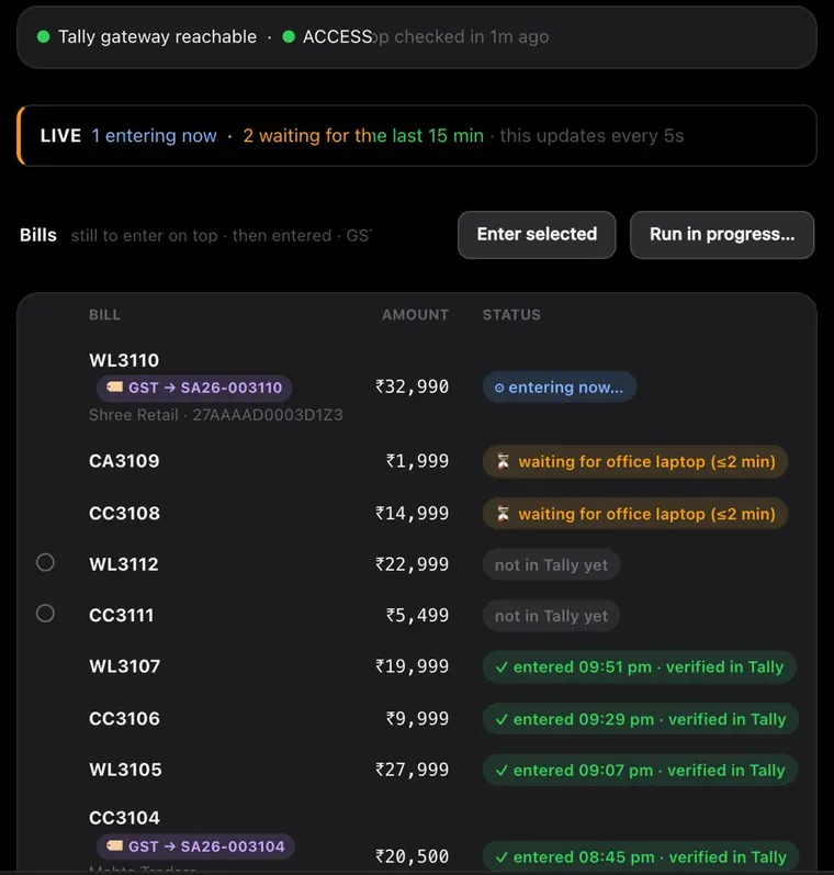 Store bills into Tally, live